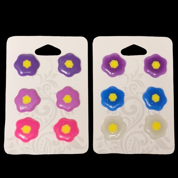 Flower Earrings Lot of 6 Pair‎ Post Handmade 1/2" Purple Pink Blue White Jewelry - Picture 1 of 5